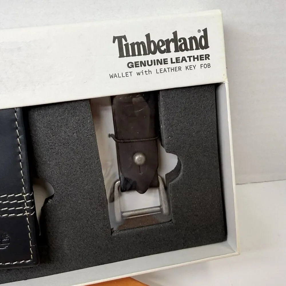 Timberland Black Leather Bifold Wallet With Matching Key Fob Gift Set New